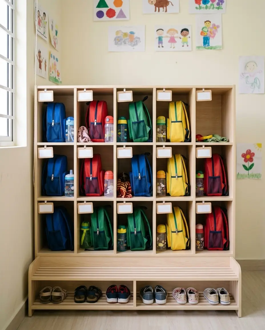 Rak cubby kayu dengan beg sekolah, botol air dan kasut murid tersusun di pintu masuk