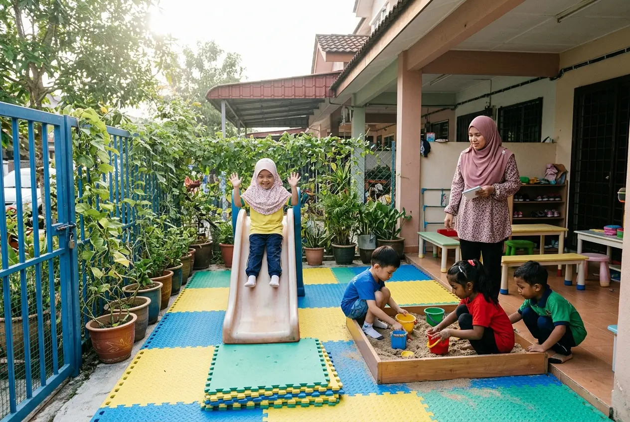 Murid bermain gelongsor dan kotak pasir di taman hadapan tadika