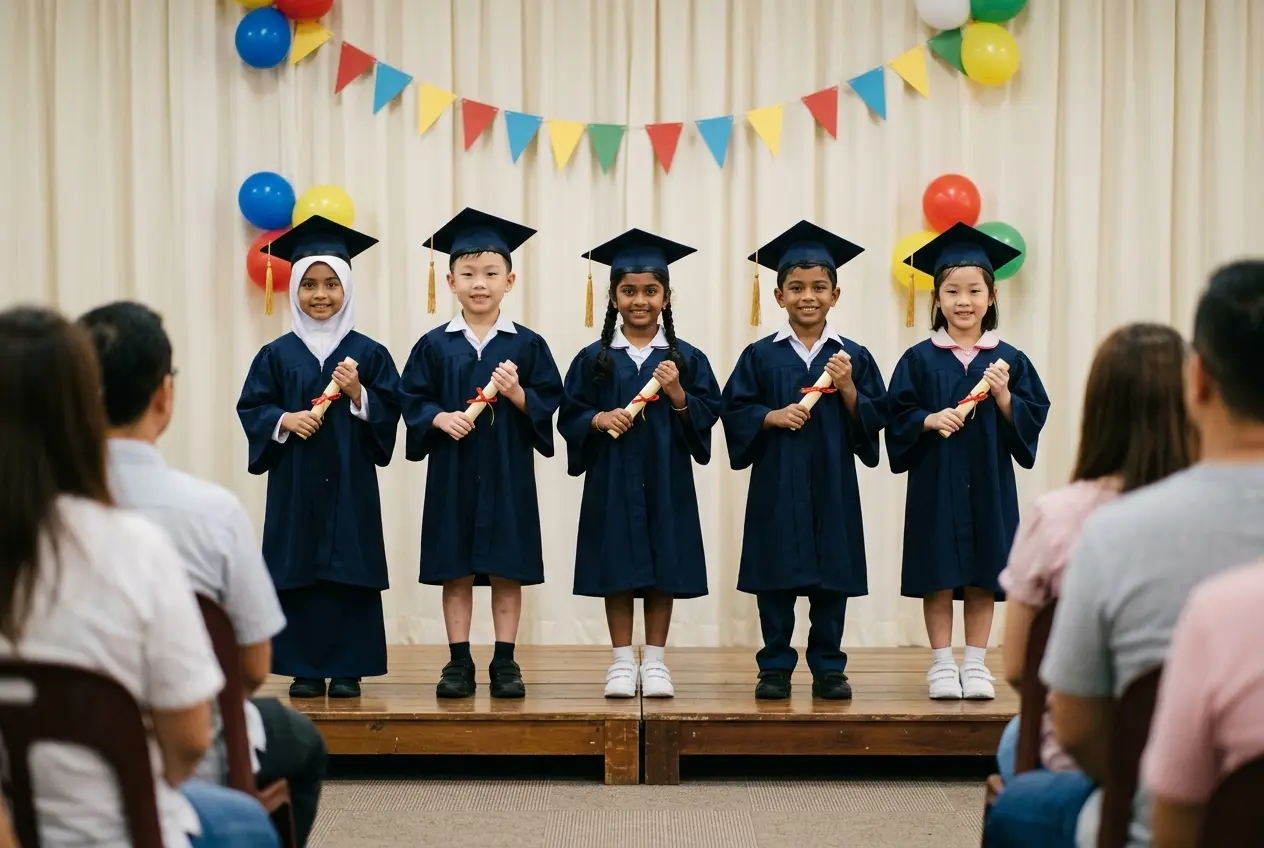 Lima murid berjubah graduasi kecil berdiri di pentas memegang sijil