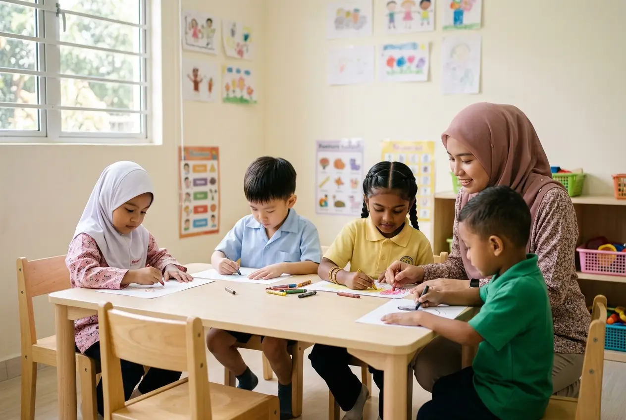 Empat murid melukis dengan krayon di meja rendah pada waktu pagi, dibantu guru bertudung