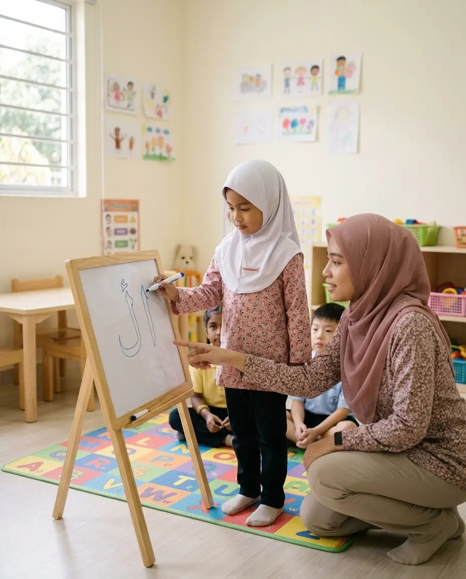Murid perempuan bertudung menulis huruf Jawi di papan putih kecil sambil dibimbing gurunya