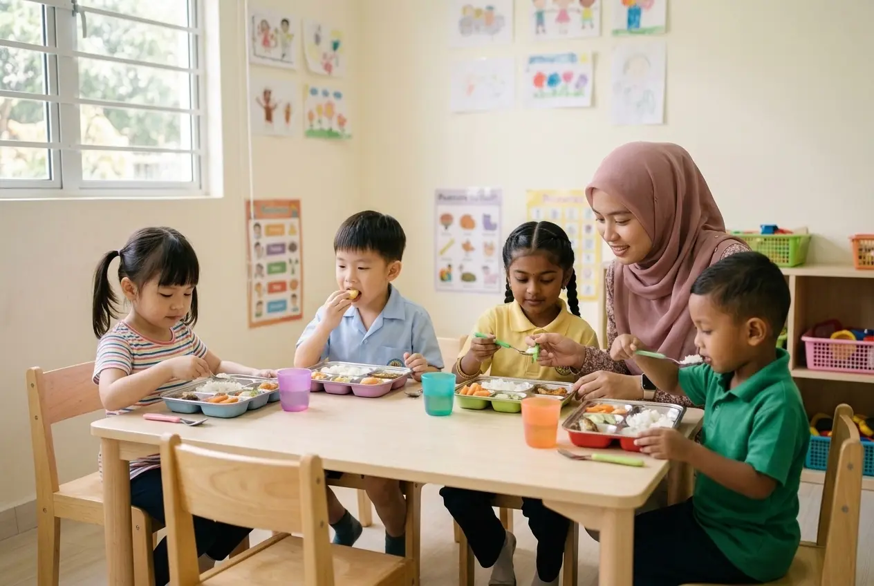 Murid makan tengah hari nasi, kari ayam dan sayur di meja rendah bersama guru