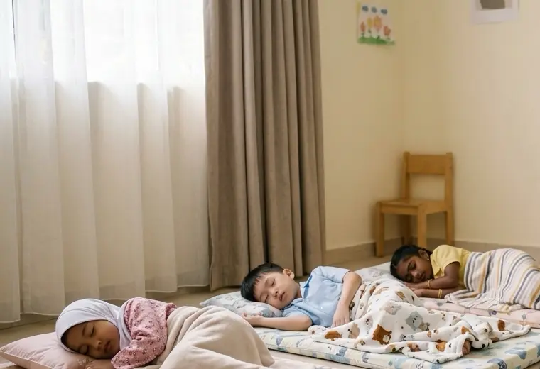 Tiga murid tidur di atas tilam kecil pada waktu rehat petang