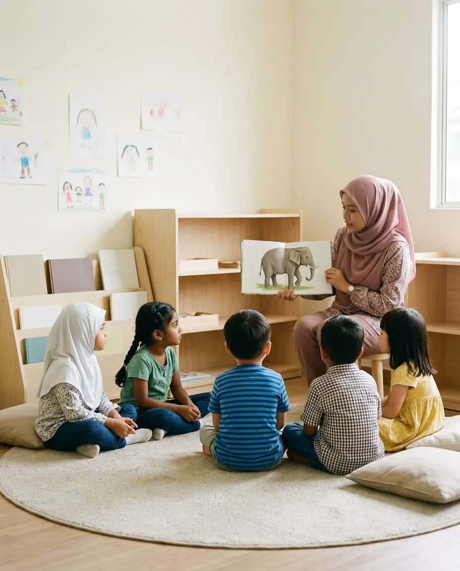 Guru bertudung membacakan buku bergambar gajah kepada lima murid kecil yang duduk di atas permaidani