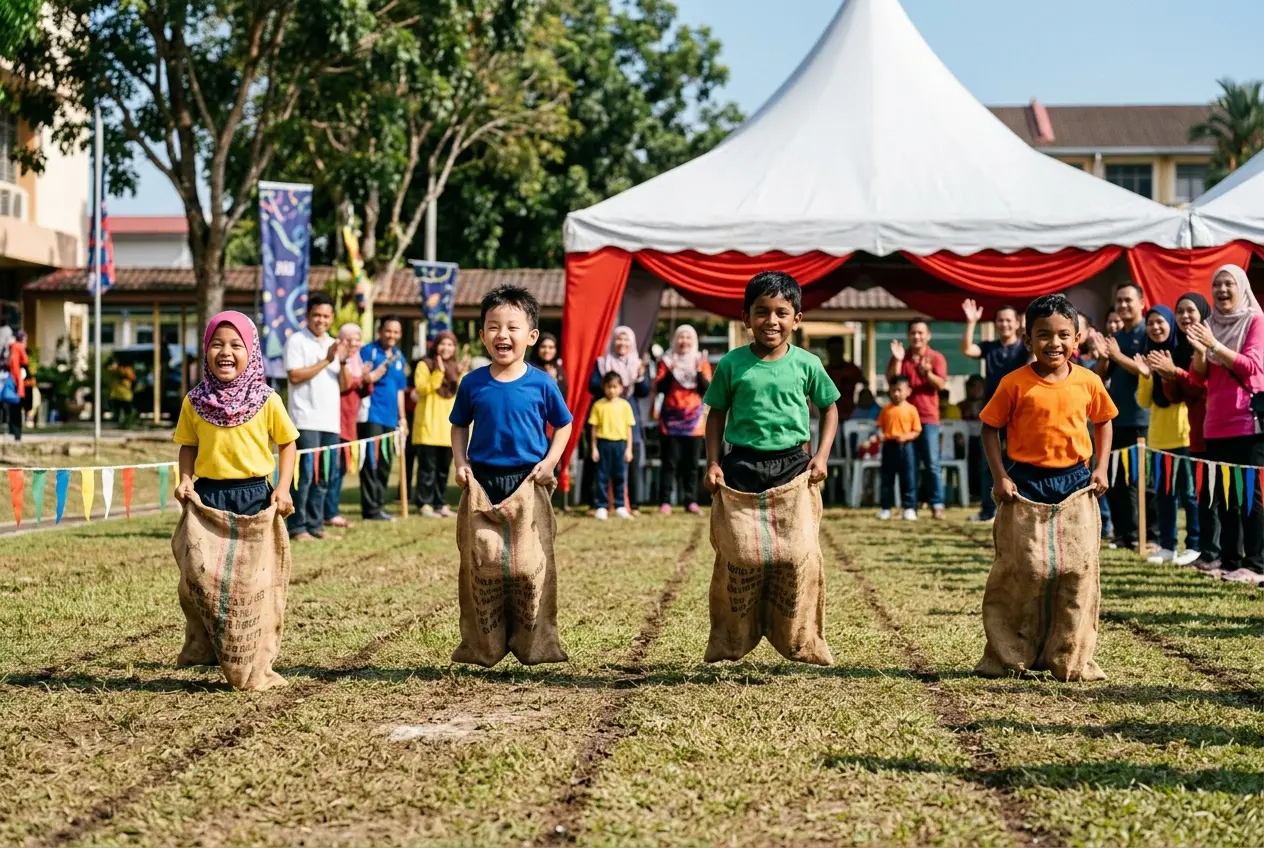 Empat murid berlumba lari dalam guni pada Hari Sukan, ibu bapa bersorak di belakang